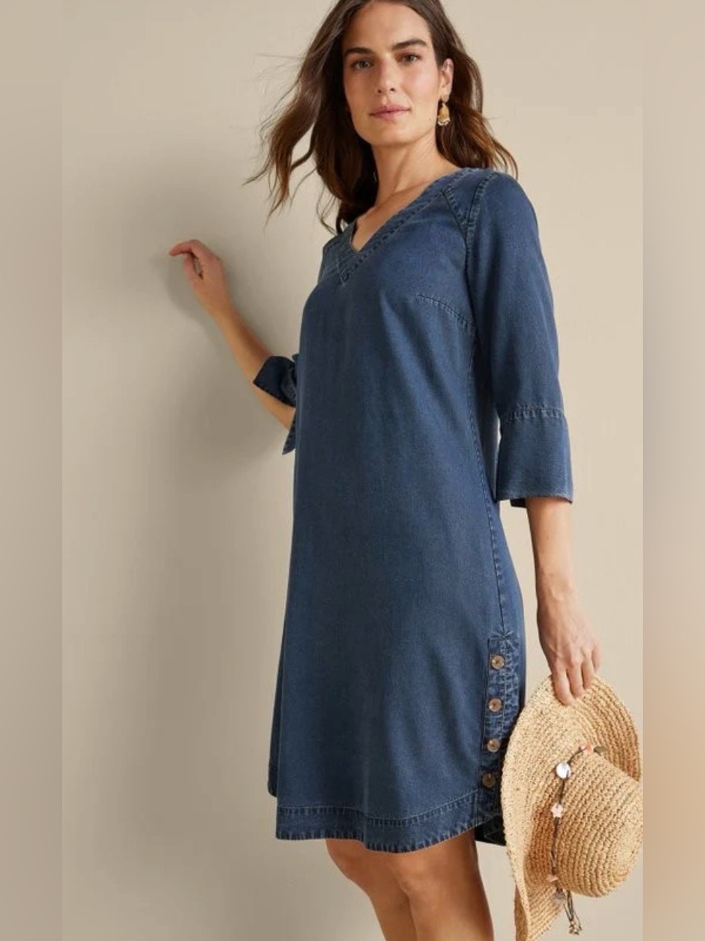 Soft Surroundings 100% Tencel Lyocell V-Neck Dress - Denim Blue - Size Petite Sm